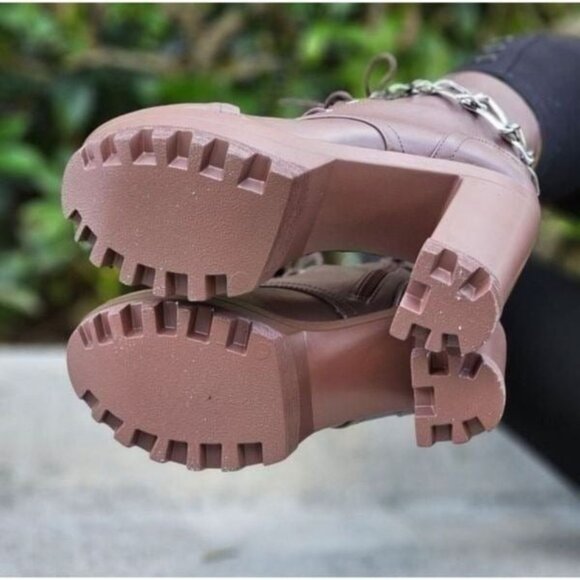 Women's Platform Heel Boots Chunky Ankle Lace Up Mocha Color - Picture 4 of 5